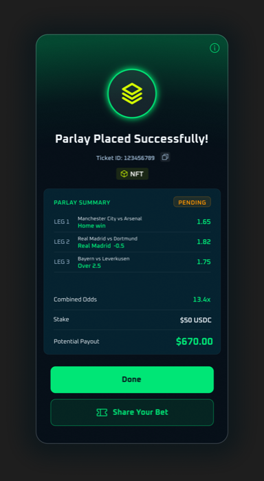 GoalFi parlay confirmation screen